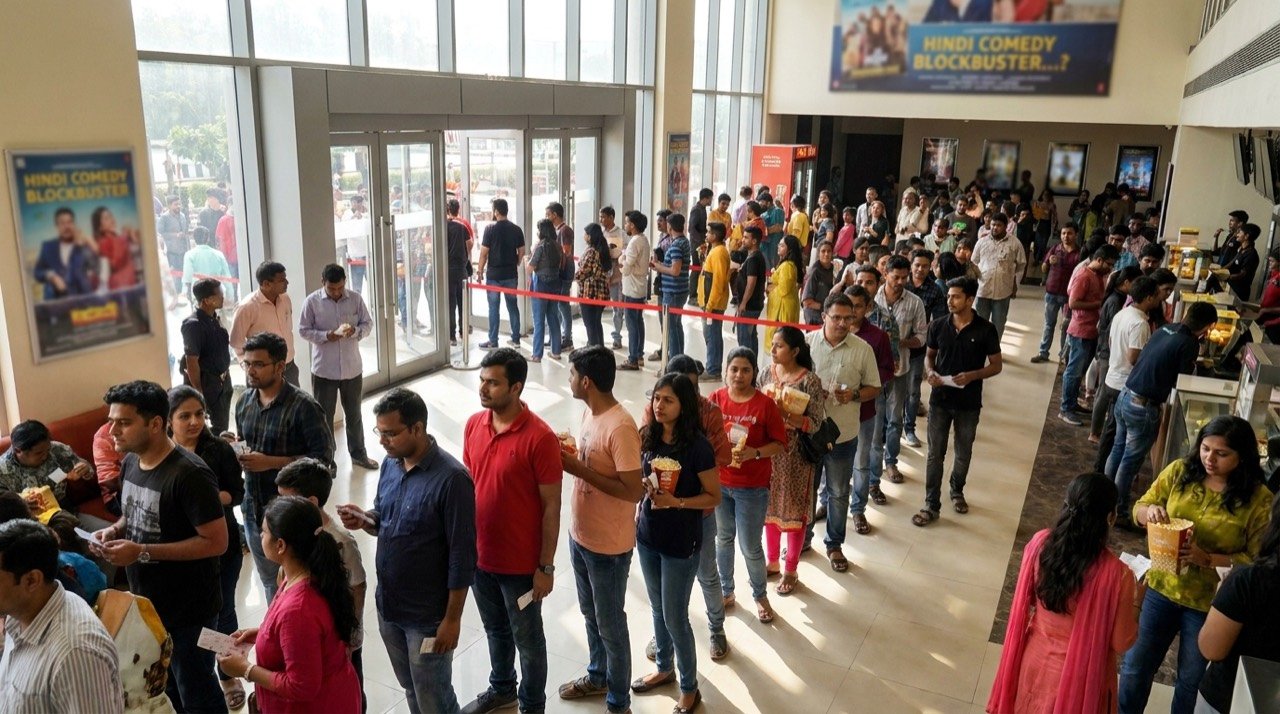 A crowded multiplex foyer with audiences queueing for a big-budget Hindi comedy release over the weekend.