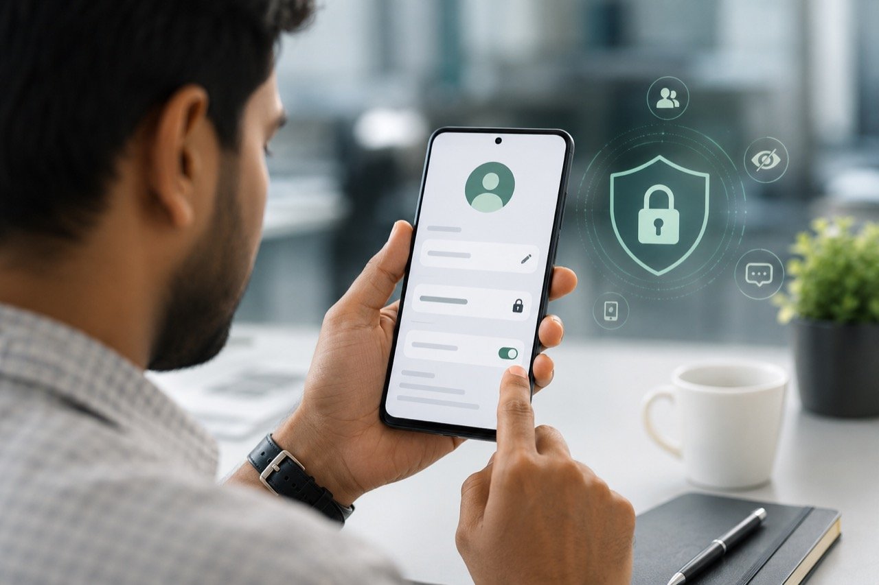 A smartphone screen showing the WhatsApp interface with a username handle field, set against a green-themed backdrop symbolising messaging privacy