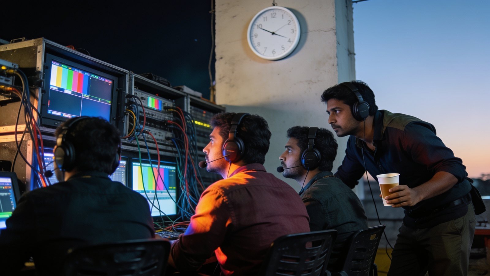 Television crew in headsets work at night in a control room seen from behind the monitor bank.