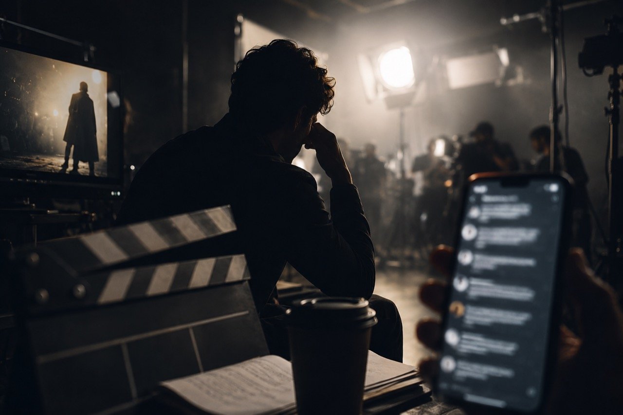 A brooding film star silhouetted against a wall of glowing social media comments and movie posters, capturing a fan debate over a Kannada superstar's choices