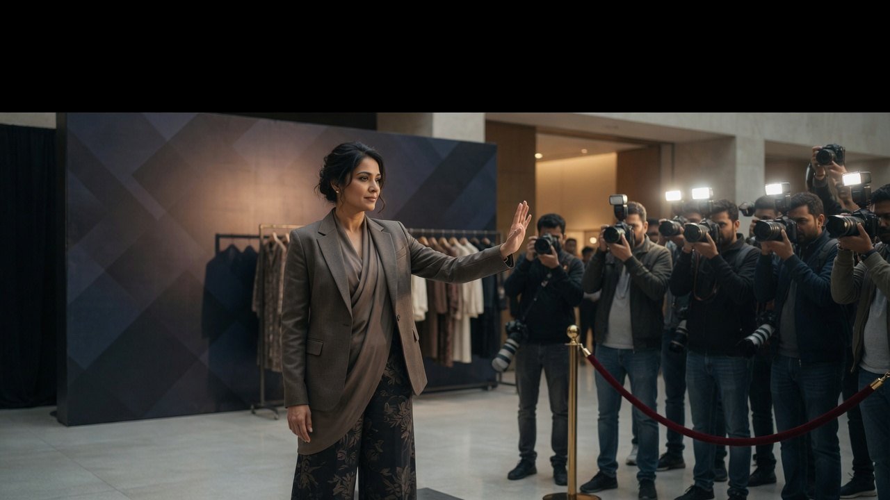 A celebrity raises a hand to stop a crowd of paparazzi photographers at an event