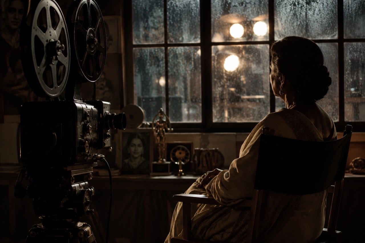 A vintage Bollywood-style portrait setup with studio lights and a classic film camera facing an empty glamour-era dressing mirror draped with flowers
