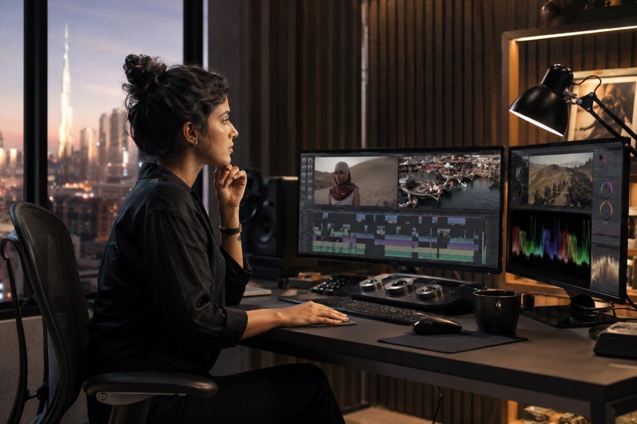 A filmmaker directing a moody suspense scene on a compact indie set, with streaming-era production equipment and monitors in view